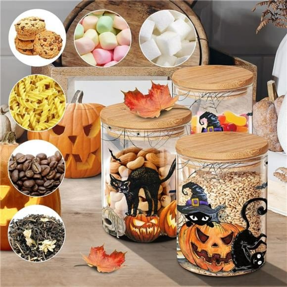 Halloween Decor, Halloween Canisters Sets of 3, Halloween Black Cat Pumpkin - Picture 6 of 7